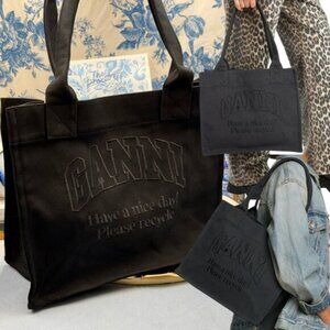 🆕 GANNI 🧿 NWOT Large Easy Shopper Tote Bag, Black Canvas & Black Embroidery